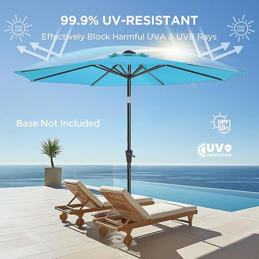 9ft Outdoor Patio Umbrella - UPF50+ UV Protection Market Patio Table Umbrella with Push Button Tilt, Crank and 8 Sturdy Ribs for Pool Deck and Garden (Light Blue, No base)