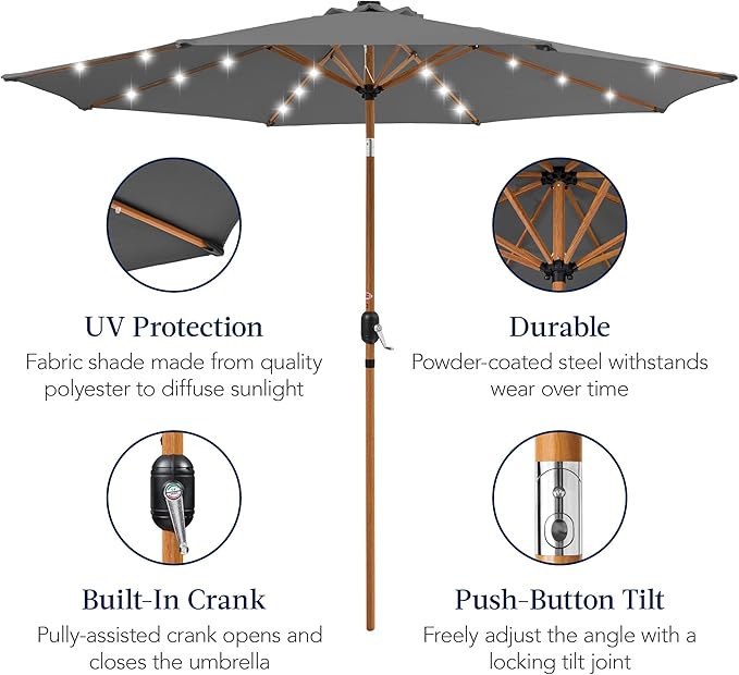 Best Choice Products 10ft Solar Market Patio Umbrella w/Woodgrain Pattern Pole, LED Lights, Tilt & Crank – Outdoor Sun Shade for Backyard Table, Deck, Poolside – Gray