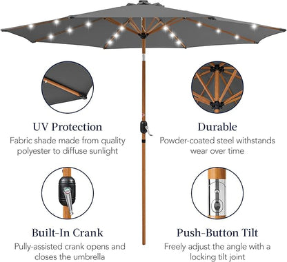 Best Choice Products 10ft Solar Market Patio Umbrella w/Woodgrain Pattern Pole, LED Lights, Tilt & Crank – Outdoor Sun Shade for Backyard Table, Deck, Poolside – Gray