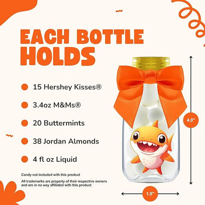 Small 12 Pack Baby Shark Party Favors - Candy Jars with Ribbons and Stickers - DIY Party Decoration Bottles for Birthday, School Classroom, and Baby Shower - Table Centerpieces for Kids