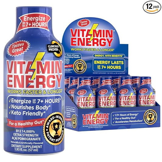 Vitamin Energy B12 Energy Shots | Natural Healthy Energy & Focus Drink | Sugar-Free Carb-Free Supplement | Vitamins B6, B12 | Energize up to 7+ Hours | Acai Pomegranate - 1.93 fl oz - Pack of 12