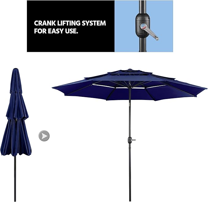 Yaheetech 3-Tier Patio Parasol 10ft Vented Outdoor Table Umbrella Double-layer Cloth & Large Shade for Yard/Garden/Park/Garden Navy Blue
