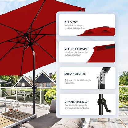 wikiwiki 9 FT Patio Umbrellas Outdoor Table Market Umbrella with Push Button Tilt/Crank, 8 Sturdy Ribs, Fade Resistant Waterproof POLYESTER DTY Canopy for Garden, Lawn, Backyard & Pool, Burgundy Red