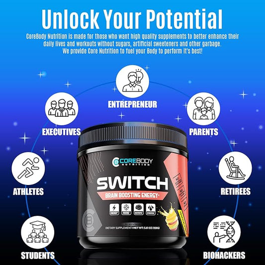 CoreBody Switch Energy Drink Mix -Nootropics Brain Support Supplement for Memory & Focus, Sugar Free Energy Booster with Nootropics, Alpha GPC, All Day Energy and Focus* (Tropical Punch)