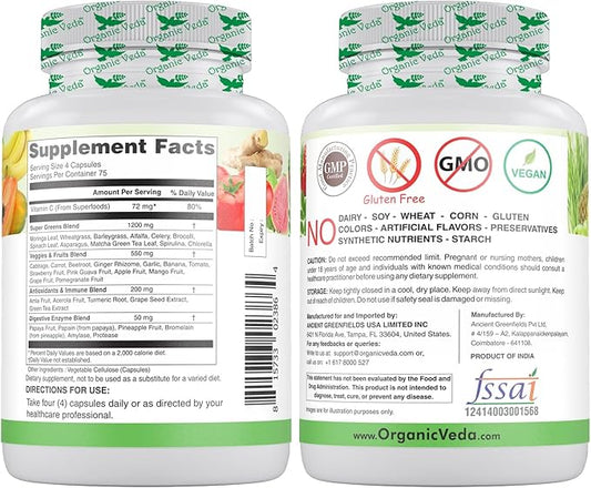 Organic Veda Superfood Greens Fruits & Vegetables 300 Capsules | 30 Daily Organic Fruits & Veggies with Chlorophyll, Papaya Enzymes, Acerola Vitamin C, Turmeric, Beet, Moringa, Green Tea Extract