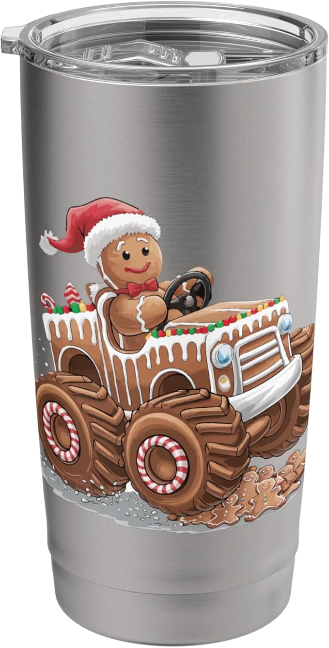 Funny Monster Truck Gingerbread Man Christmas Cookies Boys Stainless Steel Insulated Tumbler