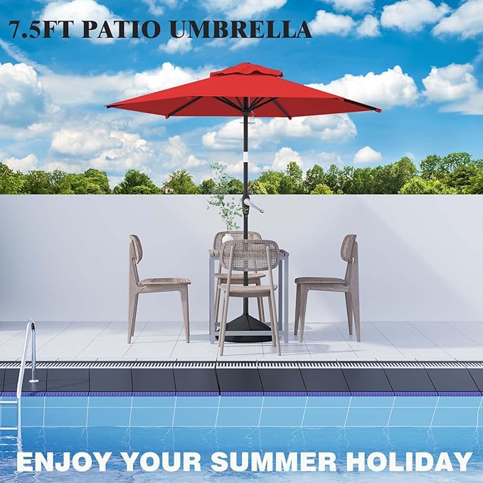 7.5FT Patio Umbrella Table Market Umbrella w/Tilt and Crank Heavy-Duty Round Outdoor Umbrellas for Garden, Deck, Backyard, Pool and Beach, Red