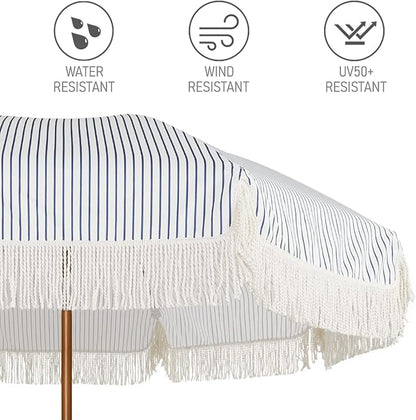 AMMSUN 7ft Patio Umbrella with Fringe Outdoor Tassel Umbrella UPF50+ Premium Steel Pole and Ribs Push Button Tilt, Navy Blue Stripes