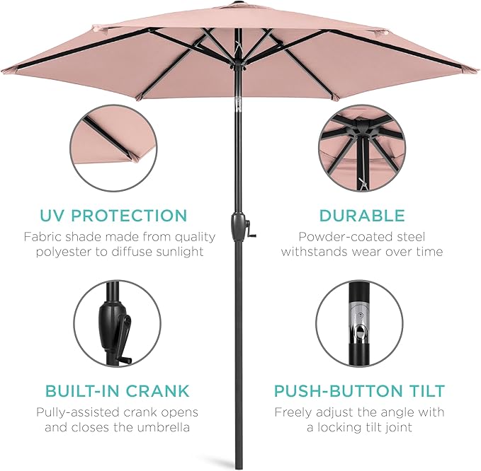 Best Choice Products 7.5ft Heavy-Duty Round Outdoor Market Table Patio Umbrella w/Steel Pole, Push Button Tilt, Easy Crank Lift - Rose Quartz