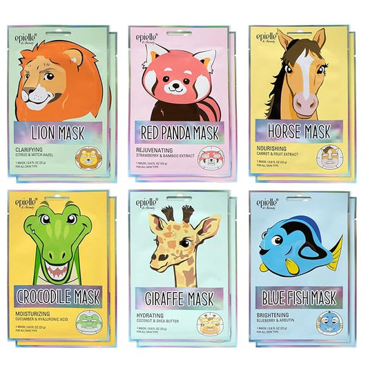 Epielle Character Sheet Masks 12 Pack, Animal Spa Mask, Korean Beauty Mask For All Skin Types, Kids Face Mask, Birthday Party Gift, Girls Night, Spa Day, Spa Night, Spa Gifts for Women
