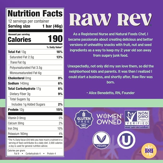 Raw Rev Vegan Protein Bars- Peanut Butter Dark Chocolate & Sea Salt, 12 bars, Non-GMO, Plastic-Neutral, Nothing Artificial, Glo Formula, Gluten-Free, Keto-Friendly, Paleo, Kosher, No Sugar Alcohols, No Stevia