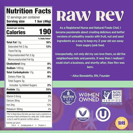 Raw Rev Vegan Protein Bars- Peanut Butter Dark Chocolate & Sea Salt, 12 bars, Non-GMO, Plastic-Neutral, Nothing Artificial, Glo Formula, Gluten-Free, Keto-Friendly, Paleo, Kosher, No Sugar Alcohols, No Stevia