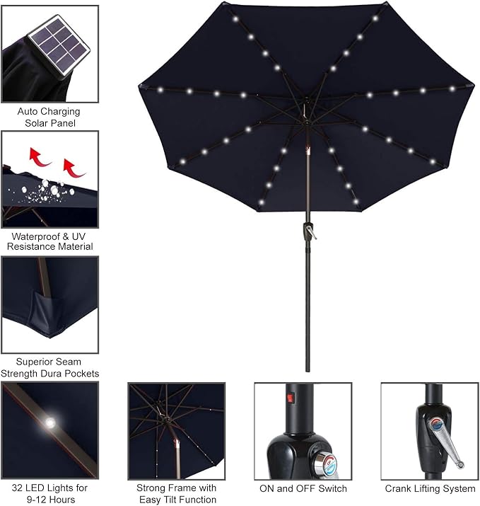 ABCCANOPY Durable Solar Led Patio Umbrellas with 32LED Lights 9FT (Tibetan Blue)
