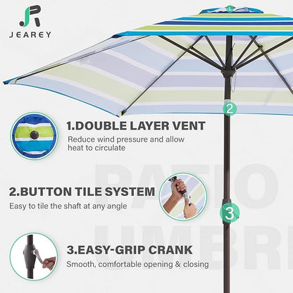 JEAREY 7.5FT Patio Umbrella Market Table Umbrella with 6 Sturdy Ribs, Push Button Tilt/Crank Outdoor Umbrella for Garden, Deck, Backyard, Pool and Beach,Bold Blue-Green Stripe