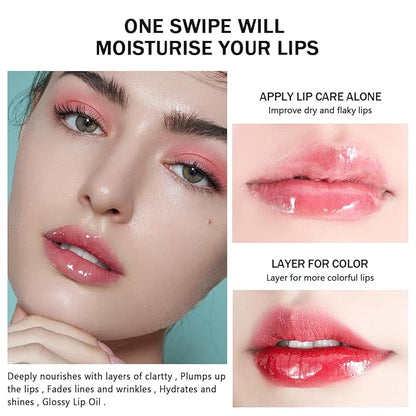 4 Pcs Plumping Lip Oil, Moisturizing Hydrating Lip Glow Oil Fruit Big Brush Head Lip Gloss Kit Smooth Glossy Finish Tinted Lip Balm, Non-sticky Fresh Texture