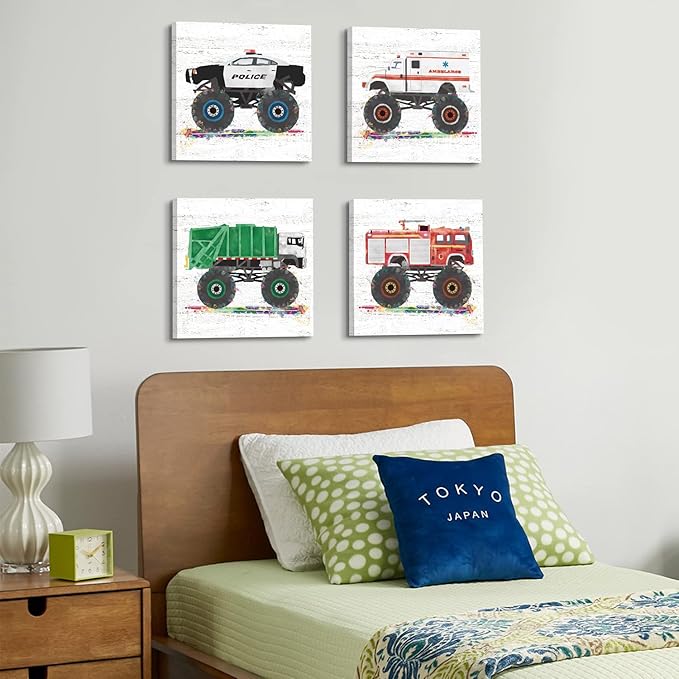 Monster Truck Room Decor Vehicles Pictures Wall Art Cartoon Car Canvas Prints for Boys Room Kids Bedroom Nursery Garbage Firetruck Ambulance Police Car Painting Artwork Home Decorations 20x20” 4 Pcs