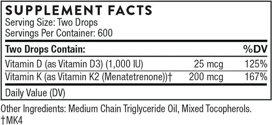 THORNE Vitamin D + K2 Liquid with a metered Dispenser - Vitamins D3 and K2 to Support Healthy Bones and Muscles* - 1 Fl Oz (30 ml) - 600 Servings