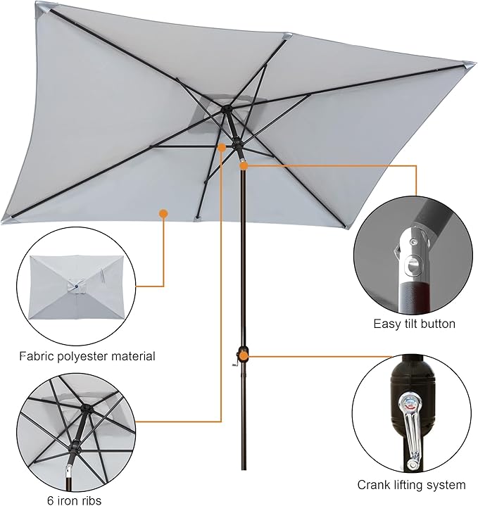 Blissun Rectangular Patio Umbrella, Table Market Umbrella with Tilt and Crank, Outdoor Umbrella for Garden, Deck, Backyard, Pool and Beach