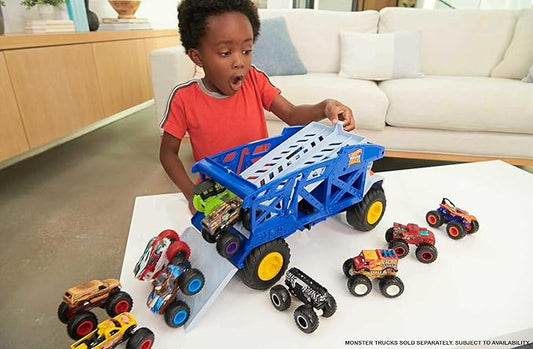 Hot Wheels Monster Trucks Toy Hauler, Oversized Truck Carries & Stores 12 1:64 Scale Monster Trucks or 32 Cars, Monster Mover Rhino