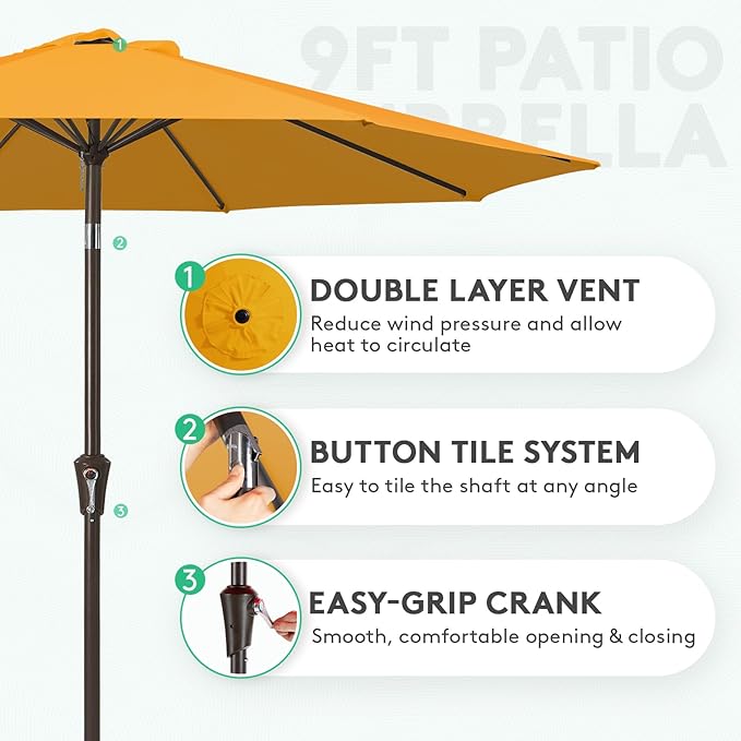 JEAREY 9FT Outdoor Patio Umbrella Outdoor Table Umbrella with Push Button Tilt and Crank, Market Umbrella 8 Sturdy Ribs UV Protection Waterproof for Garden, Deck, Backyard, Pool (Deep Orange)