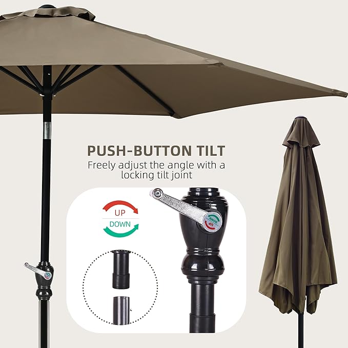 9FT Outdoor Patio Umbrella with Push Button Tilt and Crank, Beach Umbrella for Sun Shades, Market Umbrella with 6 Sturdy Metal Ribs, UV Resistant Waterproof for Garden, Backyard, Deck, Pool
