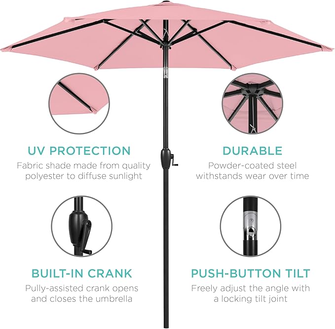 Best Choice Products 7.5ft Heavy-Duty Round Outdoor Market Table Patio Umbrella w/Steel Pole, Push Button Tilt, Easy Crank Lift - Carnation