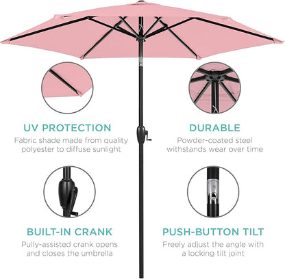 Best Choice Products 7.5ft Heavy-Duty Round Outdoor Market Table Patio Umbrella w/Steel Pole, Push Button Tilt, Easy Crank Lift - Carnation