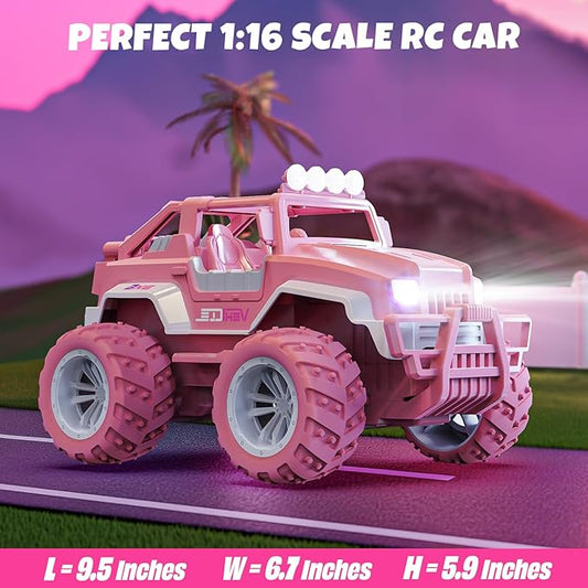 BEZGAR Remote Control Car for Girls - 1:16 Pink RC Cars with Action Figure & 4 Windmills, 2.4GHz with LED Lights, 80 Mins Play with Rechargeable Battery, Monster Truck Jeep Toys Gifts for Kids