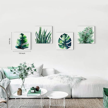 YOOOAHU Green Leaf Wall Art Room Decor Bathroom Bedroom Home Decoration Watercolor Painting Pictures Framed Canvas Prints Boho Tropical Plant Leaves Monstera Botanical White Set of 4 Pcs 24 × 24 Inch