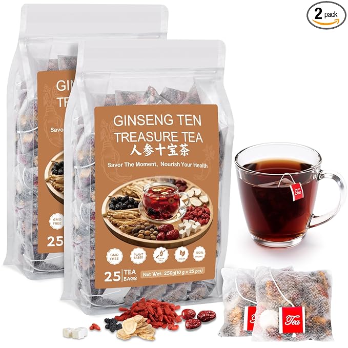 Ginseng Ten Treasure Tea, Natural Chinese Herbal Kidney Cleanse Detox Tea Support Liver & Kidneys Health for Men Women, No Additives, Caffeine Free, 10 Premium Ingredients Blend（50 Bags/2 Pack)
