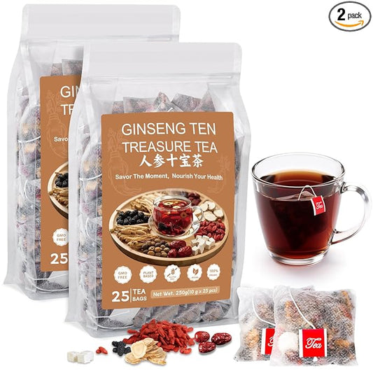 Ginseng Ten Treasure Tea, Natural Chinese Herbal Kidney Cleanse Detox Tea Support Liver & Kidneys Health for Men Women, No Additives, Caffeine Free, 10 Premium Ingredients Blend（50 Bags/2 Pack)