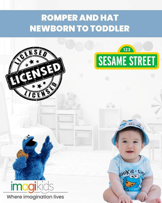 Sesame Street Elmo Cookie Monster Big Bird Romper and Bucket Sun Hat Newborn to Toddler