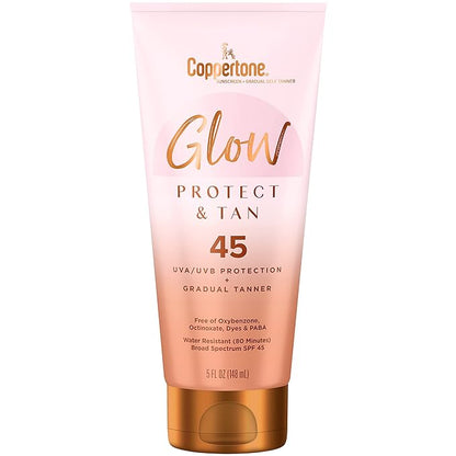 Coppertone Glow Protect and Tan Sunscreen Lotion + Gradual Self Tanner, SPF 45 Sunscreen, 5 Fl Oz Tube