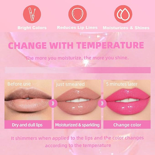 2PCS Magic Color Changing Lip Oil - Big Brush, Long Lasting Shimmery, Warm Change Hydrating Lip Gloss