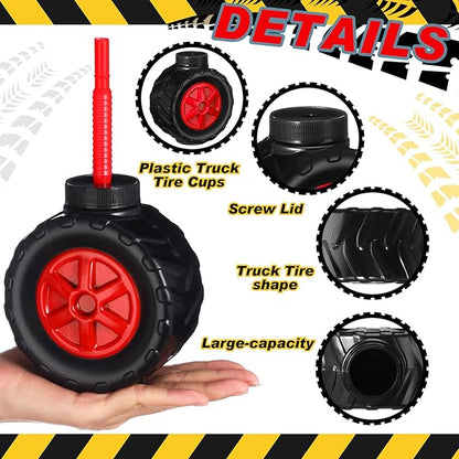Mifoci 12 Pack Monster Truck Cups Set 17 oz Truck Tire Plastic Cup with Straw for Kids Construction Birthday Party Supplies Decoration
