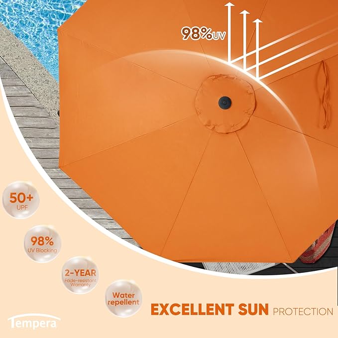 Tempera Patio Market Outdoor Table Umbrella with Push Button Tilt and Crank,Large Sun Umbrella with Sturdy Pole&Fade resistant canopy,Easy to set