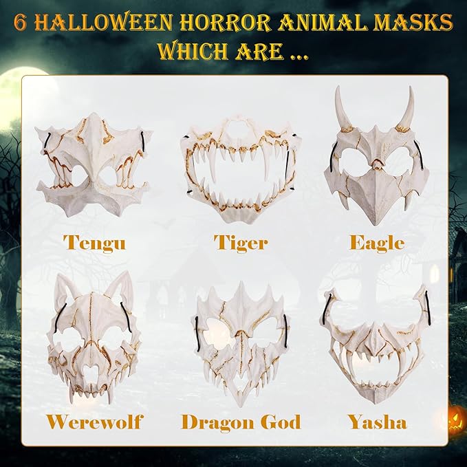 6 Pcs Japanese Half Mask Halloween Skeleton Masks, Half Face Animal Skull Tiger Mask Scary Ye Yaksha Dragon God Tengu Japanese Halloween Cosplay Decorative