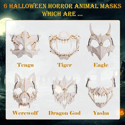 6 Pcs Japanese Half Mask Halloween Skeleton Masks, Half Face Animal Skull Tiger Mask Scary Ye Yaksha Dragon God Tengu Japanese Halloween Cosplay Decorative