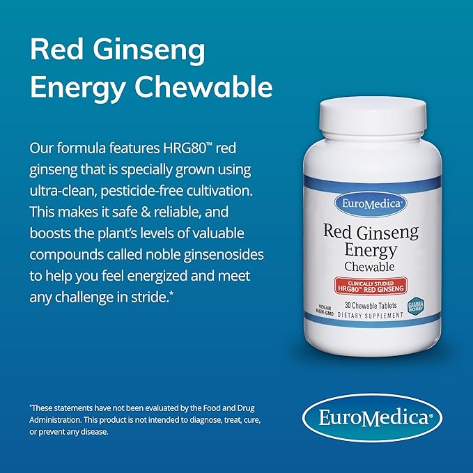 Euromedica Red Ginseng Energy - Supplement to Support Healthy Energy & Focus - Herbal Supplement with Korean Red Ginseng Root Powder - Vegan Tablets to Aid Healthy Endurance - 30 Chewable Tablets