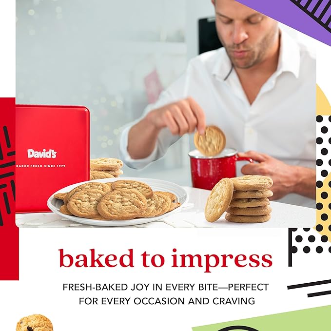 David’s Cookies Fresh Baked Macadamia Nut Cookies Gift Basket – 2lbs Soft & Chewy White Chocolate Macadamia Cookies – Gourmet Bakery Dessert Gift Tin for Birthday, Holiday, Thank You & Corporate Gifts
