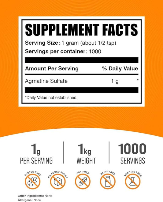 BulkSupplements.com Agmatine Sulfate Powder - Nitric Oxide Supplement, Agmatine Sulfate 1000mg - Unflavored & Gluten Free, 1000mg per Serving, 1kg (2.2 lbs) (Pack of 1)