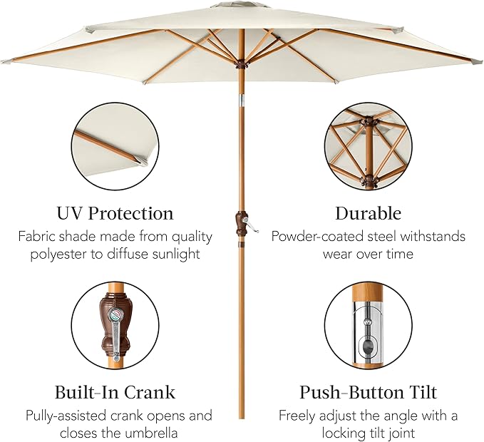 Best Choice Products 10ft Market Umbrella, Outdoor Sun Shade for Backyard, Deck, Poolside, Table w/Woodgrain Pattern, Easy Tilt & Crank - Ivory