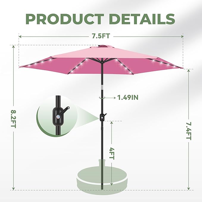 FRUITEAM Solar Lights Patio Umbrella, 7.5FT Heavy Duty Outdoor Umbrella with High-Strength Frame & LED Lights, All-Weather UV Protection Sun Shade for Poolside, Garden, Backyard (Pink)