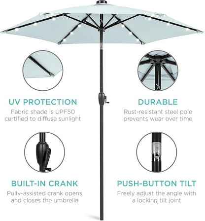 Best Choice Products 7.5ft Outdoor Solar Market Table Patio Umbrella for Deck, Pool w/Tilt, Crank, LED Lights - Baby Blue