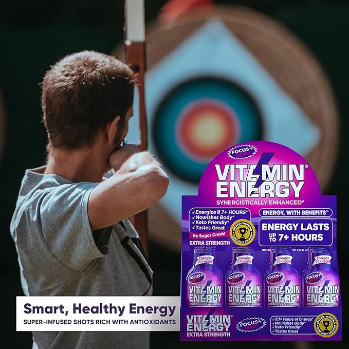 Vitamin Energy Focus+ Extra Strength Daily Energy Shot – Berry – 260mg Natural Caffeine, 100% DV B-Vitamins – Focus & Productivity Support – Zero Sugar, Vegan, Kosher – 1.93 fl oz, 24-Pack
