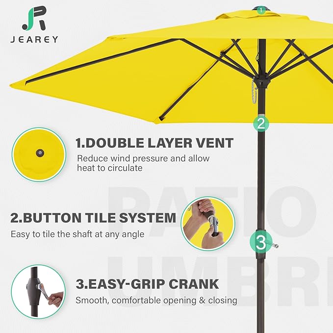 JEAREY 7.5FT Patio Umbrella Market Table Umbrella with 6 Sturdy Ribs, Push Button Tilt/Crank Outdoor Umbrella for Garden, Deck, Backyard, Pool and Beach,Yellow