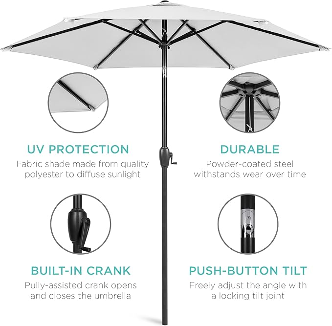 Best Choice Products 7.5ft Heavy-Duty Round Outdoor Market Table Patio Umbrella w/Steel Pole, Push Button Tilt, Easy Crank Lift - Fog Gray