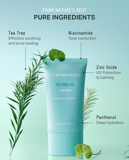 BRING GREEN Tea Tree CICA Mineral Sunscreen SPF 50+ PA++++ | Non-Nano Zinc Oxide Face Sunscreen, Reef Safe Korean Sunscreen for Sensitive Skin, Oil-Free, 1.69 fl. oz