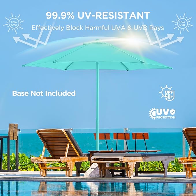 7.5ft Outdoor 1S Push-Up Patio Umbrella - Market Table Pool Deck Umbrella UPF50+ UV Protection with 6 Sturdy Ribs for Balcony, Garden, Lawn, Backyard (Tiffany Blue)