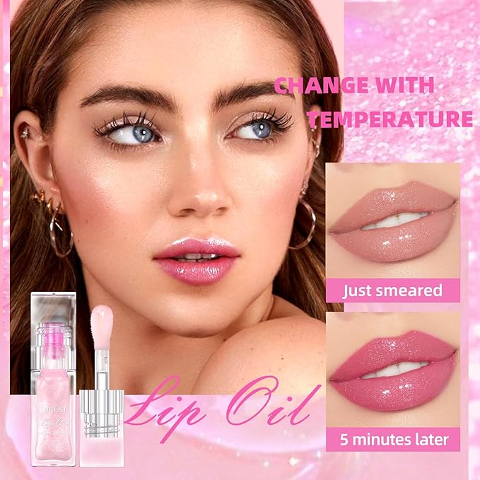 Magic Color Changing Lip Glow, Nourishing Lip Glow Oil Non-Sticky Primer With Large Applicator Brush (Pink)